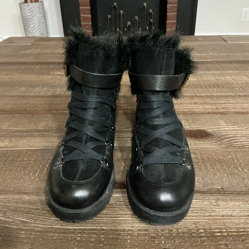 Nine West Orynne black leather suede winter boots faux fur Sz 8.5